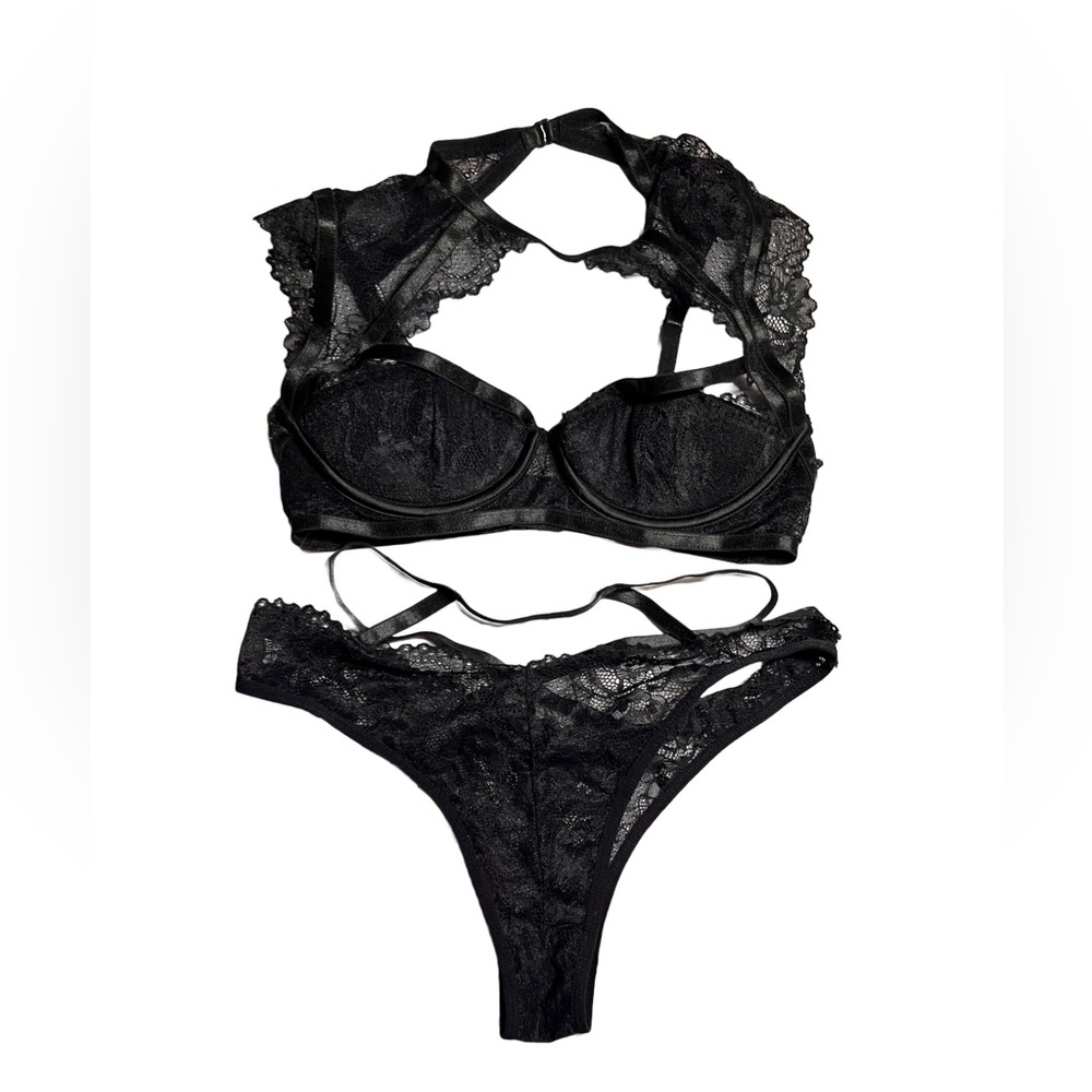 Black lace short sleeve bra top and panties size sm/med